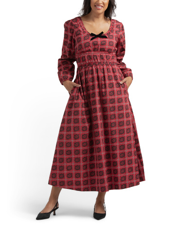 mommy and me holiday plaid maxi dress with velvet bow for women, cotton