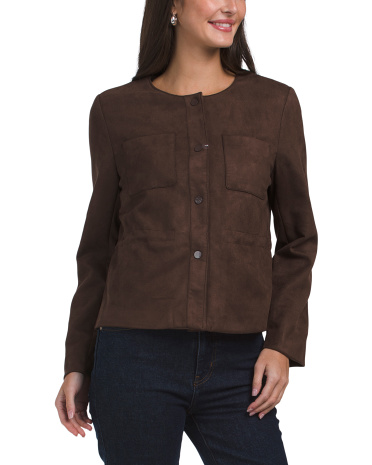 drawstring waist faux suede jacket, spandex/polyester