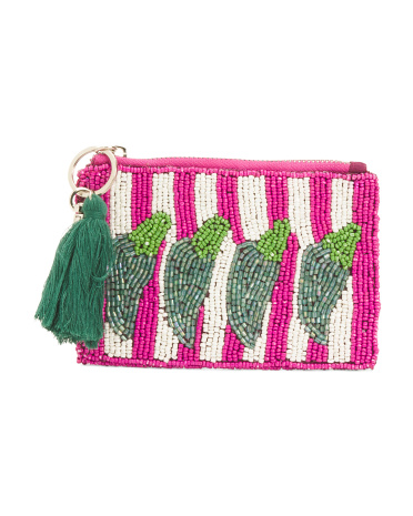 hand beaded coin purse with stripe and peppers motif for women, leather